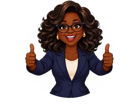 An original cartoon spokeswoman smiles and gives two thumbs up inside a white circle.