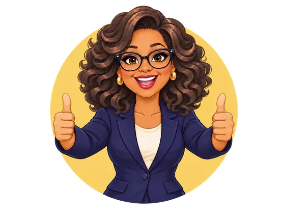An original cartoon spokeswoman smiles and gives two thumbs up inside a soft gold circle.
