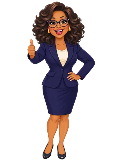 An original cartoon spokeswoman in a navy suit smiles and gives a thumbs up.