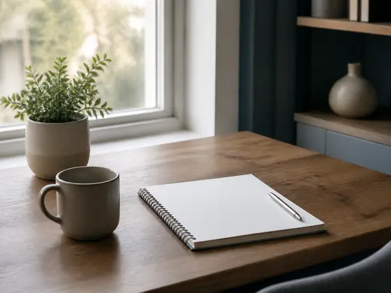 A tidy desk by a window with a notepad, a pen and a mug.