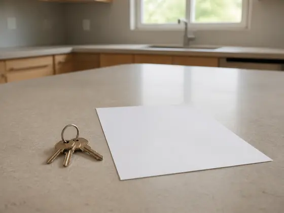 House keys and a document resting on a bare kitchen counter in an emptied house.